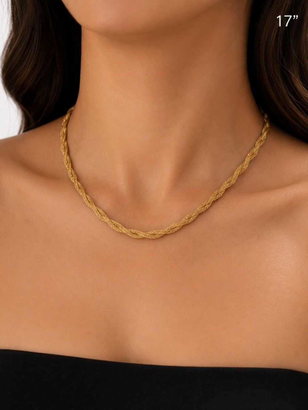 Gold Tone Braided Chain Necklace, 17"